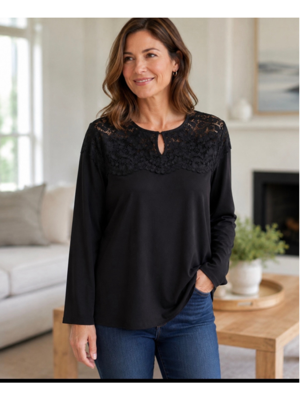 Women's Carmen Marc Valvo Black Lace Detail Blouse, Size 1X - Picture 1 of 8